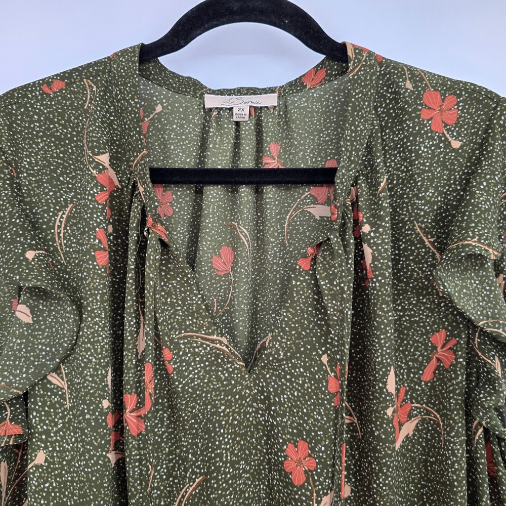 Les Serein Womens 2X Olive Green Floral Ruffle Cap Sleeve V-Neck Tie Blouse - Picture 4 of 10